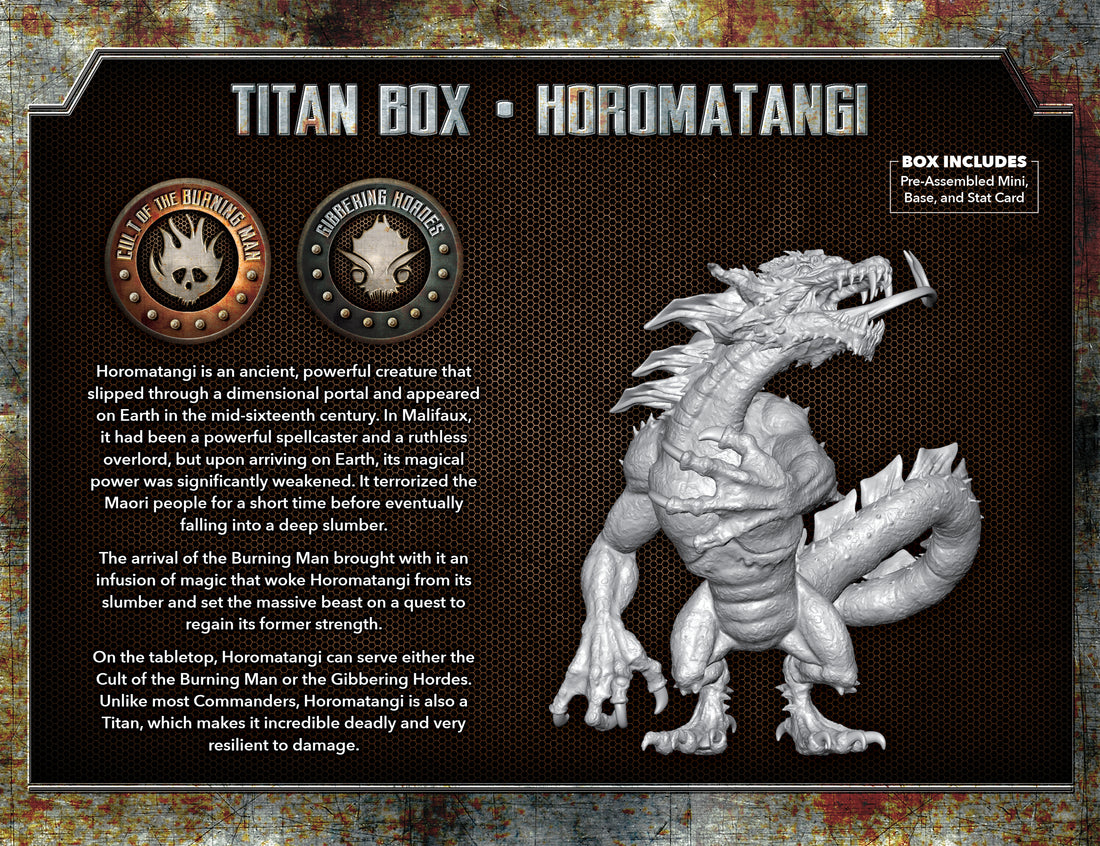 
                    
                      Back view of the Wyrd Miniatures The Other Side Titan Box featuring the Horomatangi model with intricate details and vibrant colors.
                    
                  