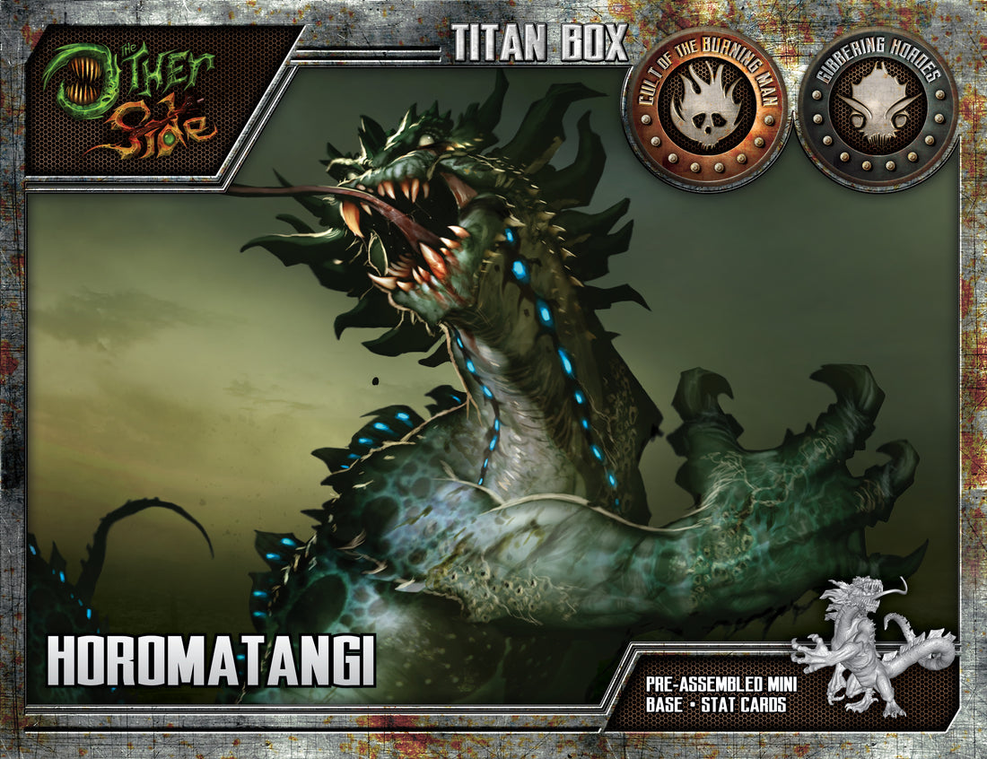 
                    
                      Front view of Wyrd Miniatures' The Other Side Titan Box featuring the Horomatangi model with detailed sculpt and dynamic pose.
                    
                  