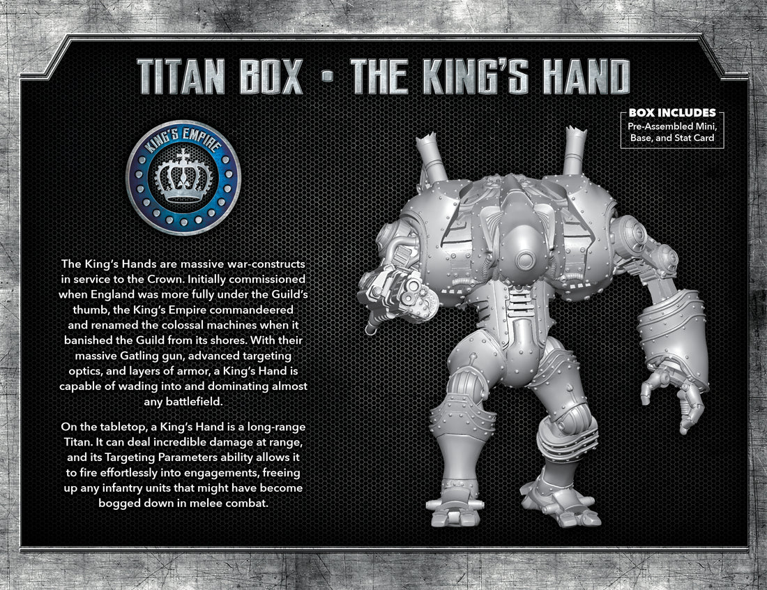 
                    
                      Back view of Wyrd Miniatures' King's Hand Titan box from The Other Side Titan Box set, showing detailed model parts and packaging.
                    
                  