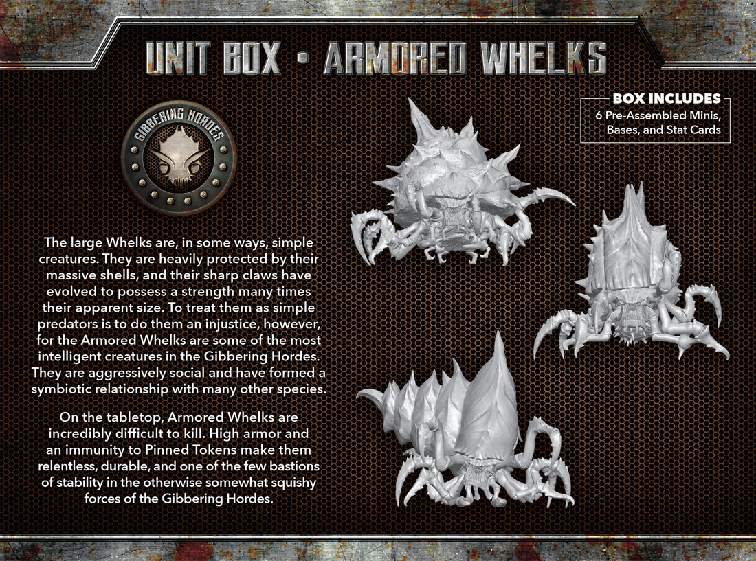 
                    
                      Back view of Wyrd Miniatures' Armored Whelks from The Other Side Unit Box, showing detailed armored shells and tentacle features.
                    
                  