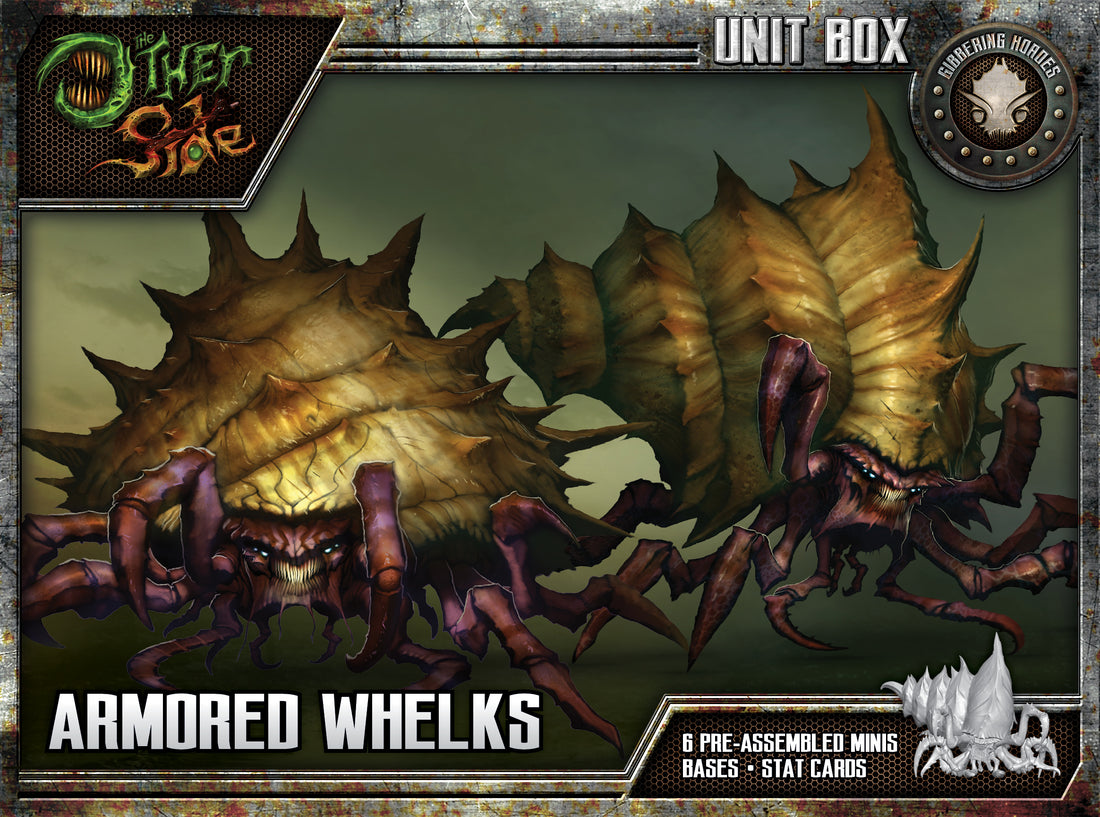 
                    
                      Front view of Wyrd Miniatures' Armored Whelks from The Other Side Unit Box, showcasing detailed armored sea creature figures.
                    
                  