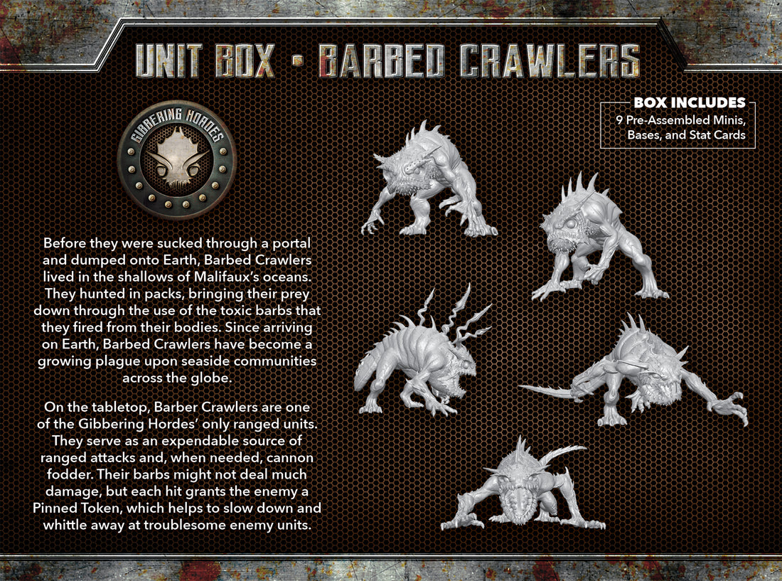 
                    
                      Back view of Wyrd Miniatures Barbed Crawlers from The Other Side Unit Box, showcasing detailed insectoid features and sculpting.
                    
                  