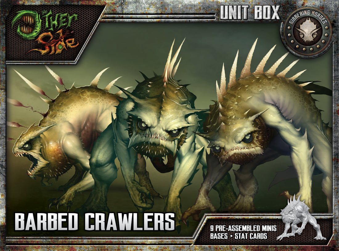 
                    
                      Front view of Wyrd Miniatures Barbed Crawlers from The Other Side Unit Box with detailed insect-like features.
                    
                  