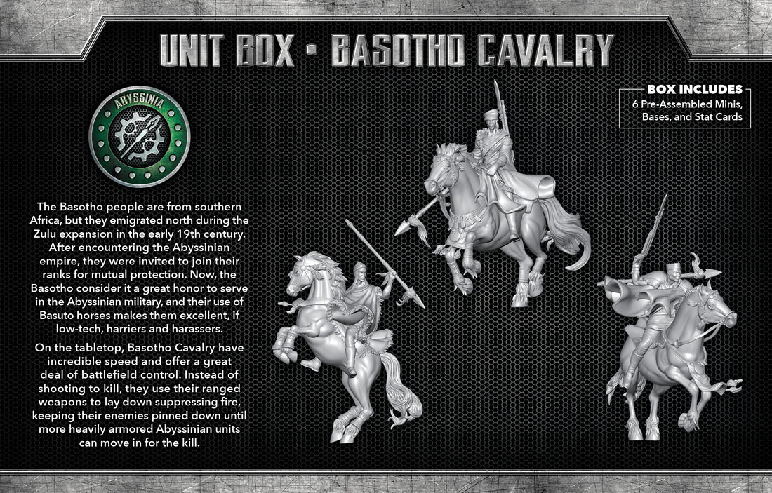 
                    
                      Basotho Cavalry The Other Side Unit Box by Wyrd Miniatures, showing painted cavalry figures with spears and traditional clothing.
                    
                  