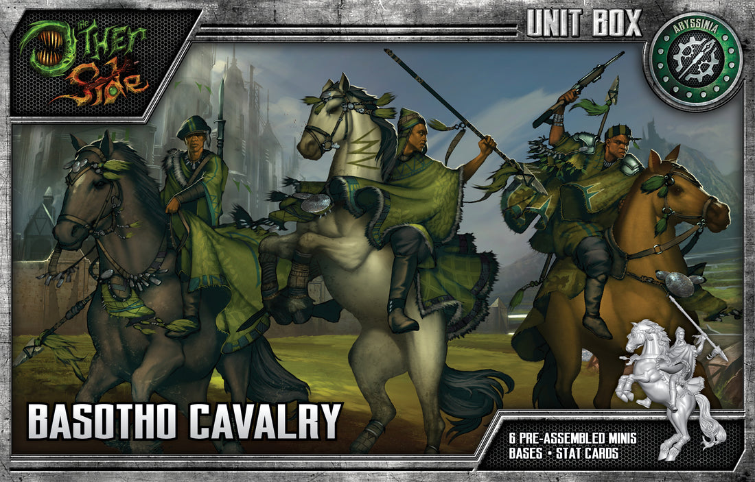 
                    
                      Front view of Wyrd Miniatures Basotho Cavalry The Other Side Unit Box featuring detailed miniature cavalry figures.
                    
                  