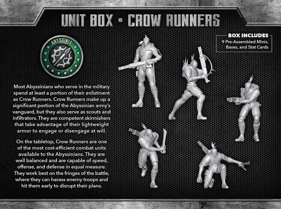 
                    
                      Wyrd Miniatures Crow Runners The Other Side Unit Box with detailed painted miniatures on a display card, viewed from the back.
                    
                  