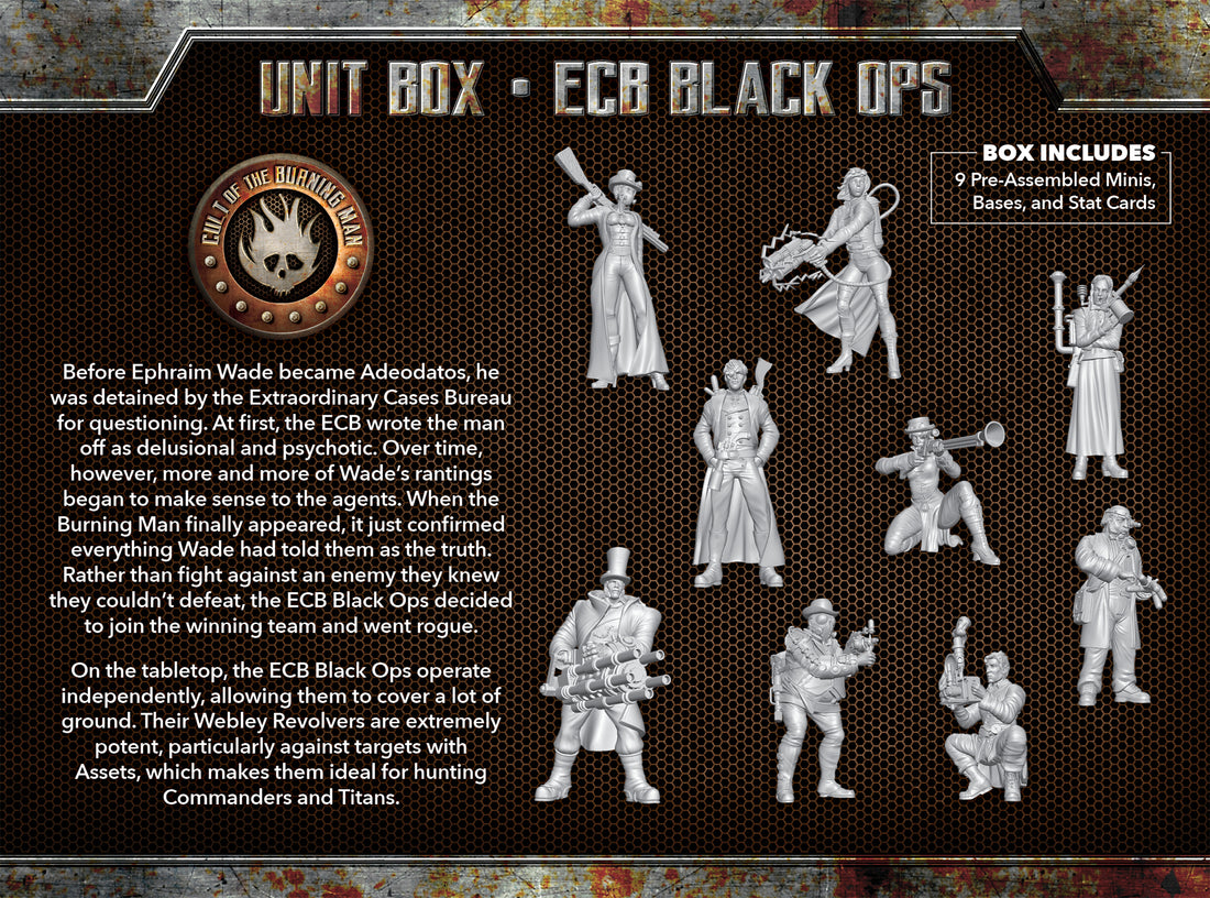
                    
                      Wyrd Miniatures ECB Black Ops The Other Side Unit Box with painted miniatures and game components on a tabletop.
                    
                  