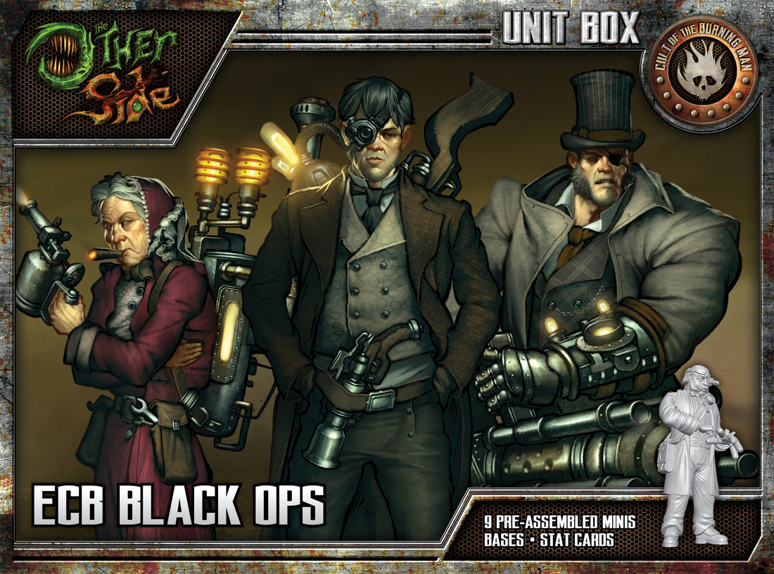 
                    
                      Front view of Wyrd Miniatures ECB Black Ops The Other Side Unit Box showing detailed miniatures and packaging design.
                    
                  