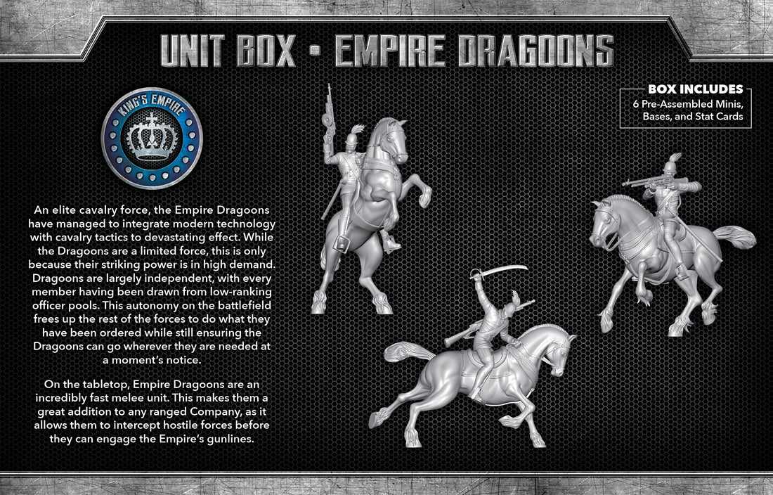 
                    
                      Empire Dragoons The Other Side unit box by Wyrd Miniatures, showing front and back views of painted miniatures in the box.
                    
                  