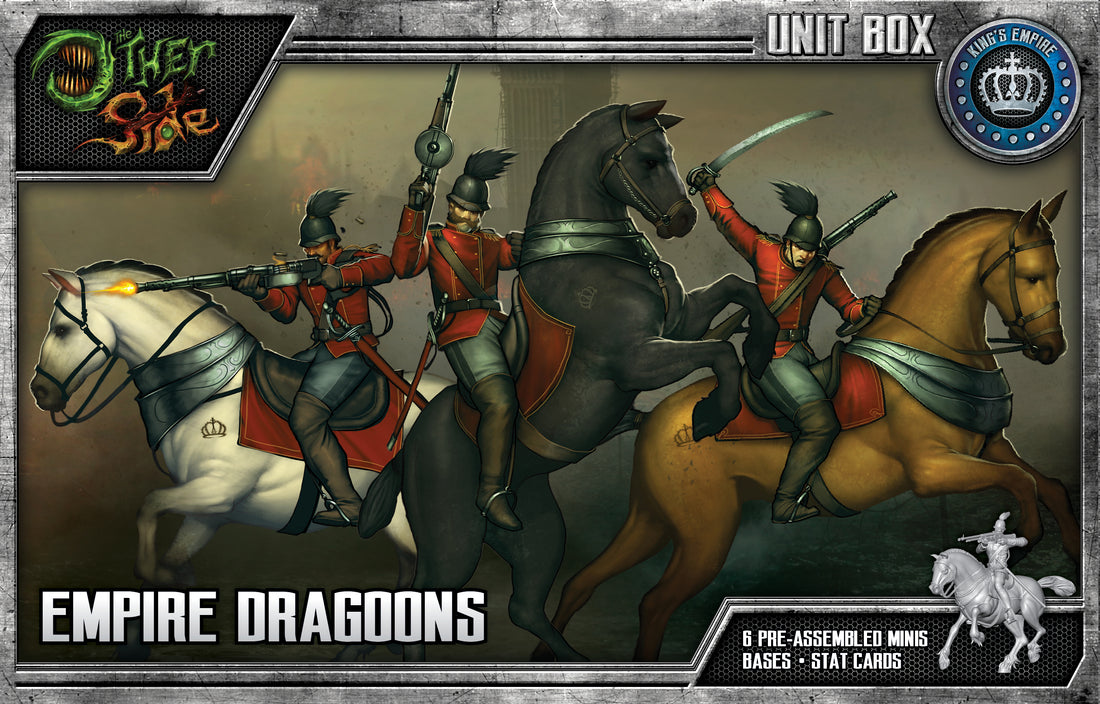 
                    
                      Front view of Wyrd Miniatures Empire Dragoons from The Other Side Unit Box, showing detailed painted miniatures.
                    
                  