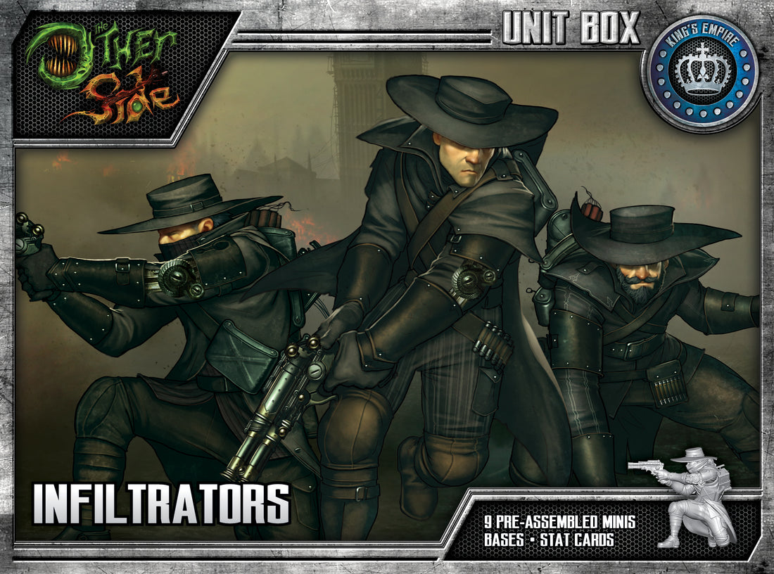 
                    
                      Front view of Wyrd Miniatures' Infiltrators from The Other Side Unit Box, showing detailed miniatures on a display card.
                    
                  