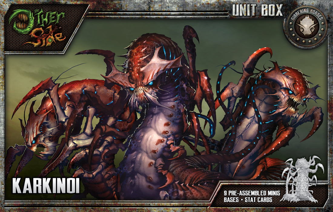 
                    
                      Front view of Wyrd Miniatures Karkinoi The Other Side Unit Box showing detailed miniatures and packaging design.
                    
                  