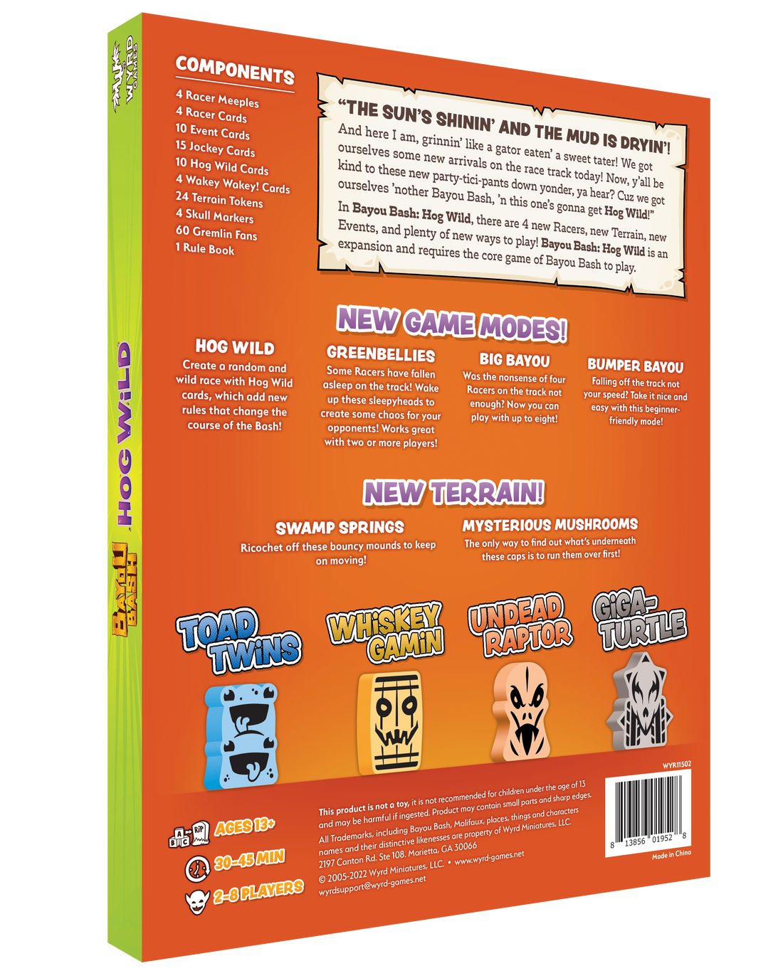 
                    
                      Wyrd Bayou Bash Hog Wild board game expansion box showing colorful illustration of hog characters and bayou scenery.
                    
                  