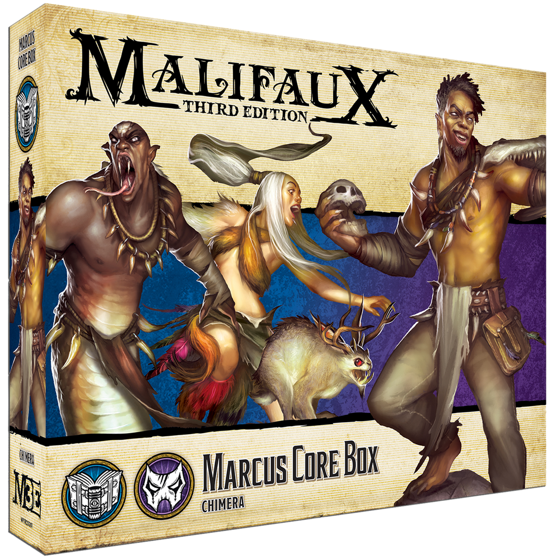 
                    
                      Front view of the Marcus Core Box from Wyrd Miniatures, featuring miniatures and game components in the core set.
                    
                  