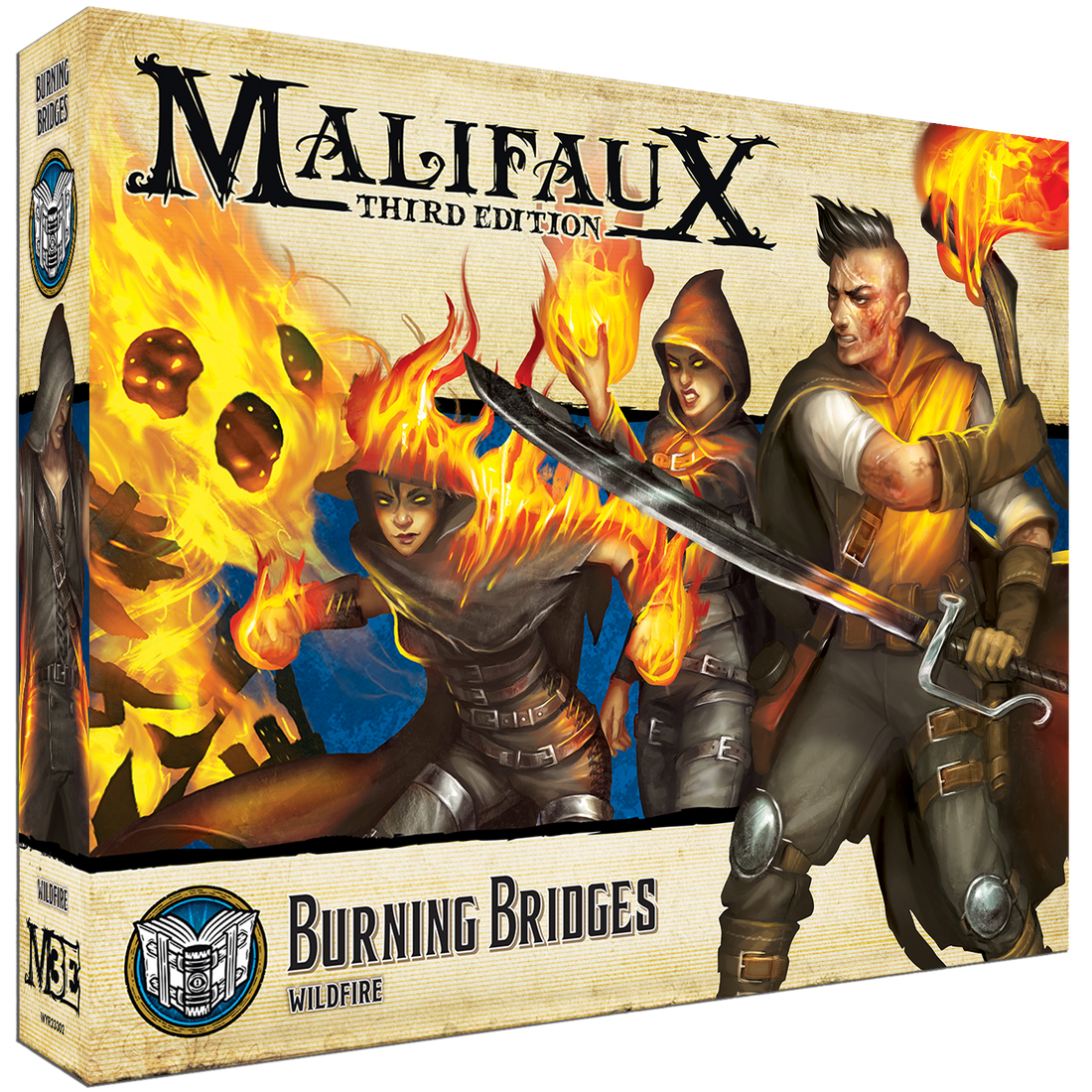 
                    
                      Wyrd Miniatures Burning Bridges Malifaux Keyword Box gameplay box with miniatures and cards, front view.
                    
                  