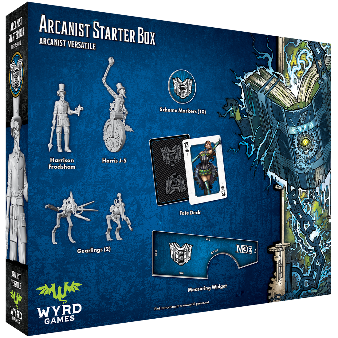 
                    
                      Back view of Wyrd Miniatures Arcanist Starter Box for Malifaux, showing the box design and contents inside.
                    
                  