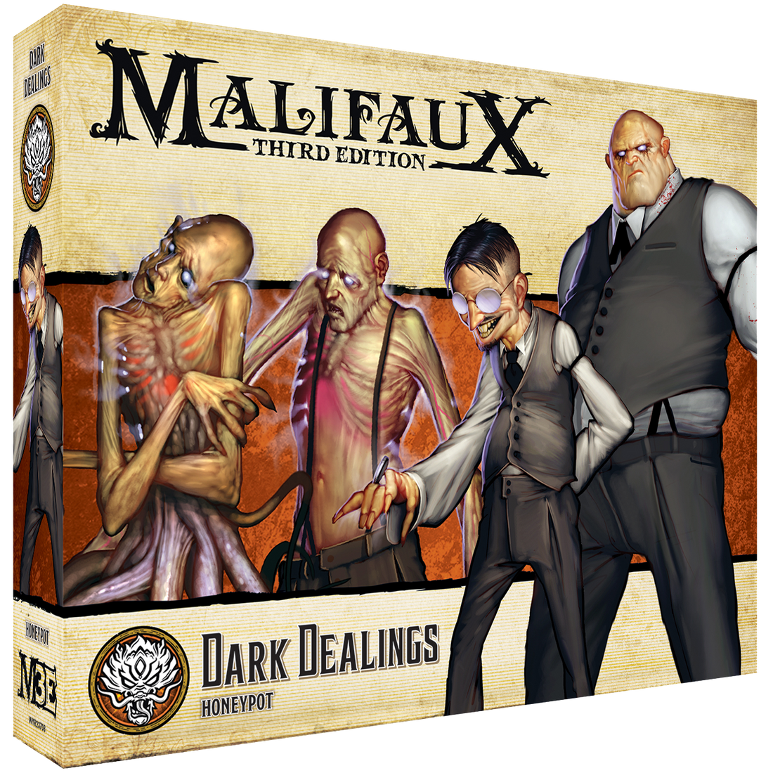 
                    
                      Front view of Wyrd Miniatures Dark Dealings game box featuring dark fantasy artwork and intricate design elements.
                    
                  