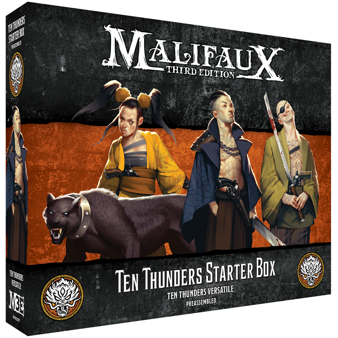 
                    
                      Ten Thunders Malifaux starter box by Wyrd Miniatures, featuring a colorful box with miniatures and rulebook for tabletop gaming.
                    
                  