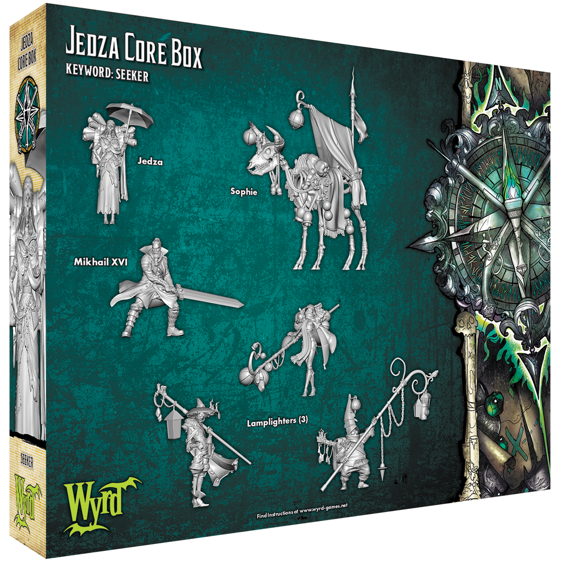 
                    
                      Rear view of the Jedza Core Box by Wyrd Miniatures, showing the detailed miniature figures and accessories inside the box.
                    
                  