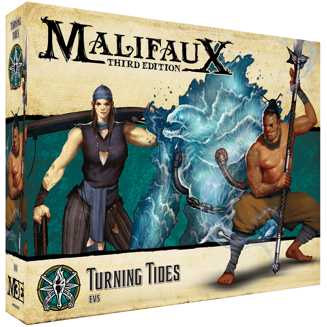 
                    
                      Front view of Wyrd Miniatures Turning Tides tabletop game box featuring ocean-themed artwork and fantasy characters.
                    
                  