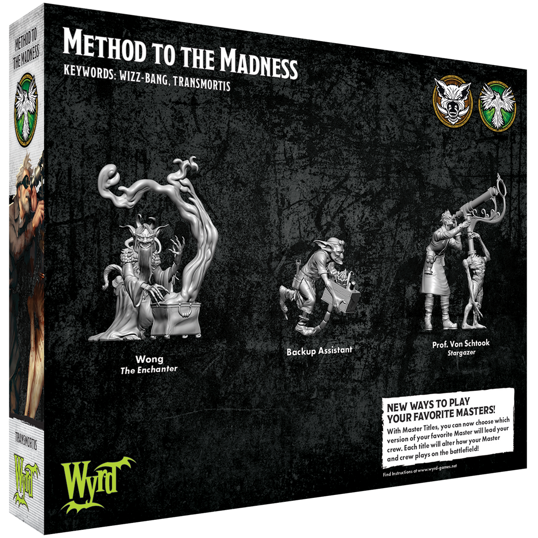 
                    
                      Back view of Wyrd Miniatures' Method to the Madness tabletop game box, showing detailed artwork and branding.
                    
                  