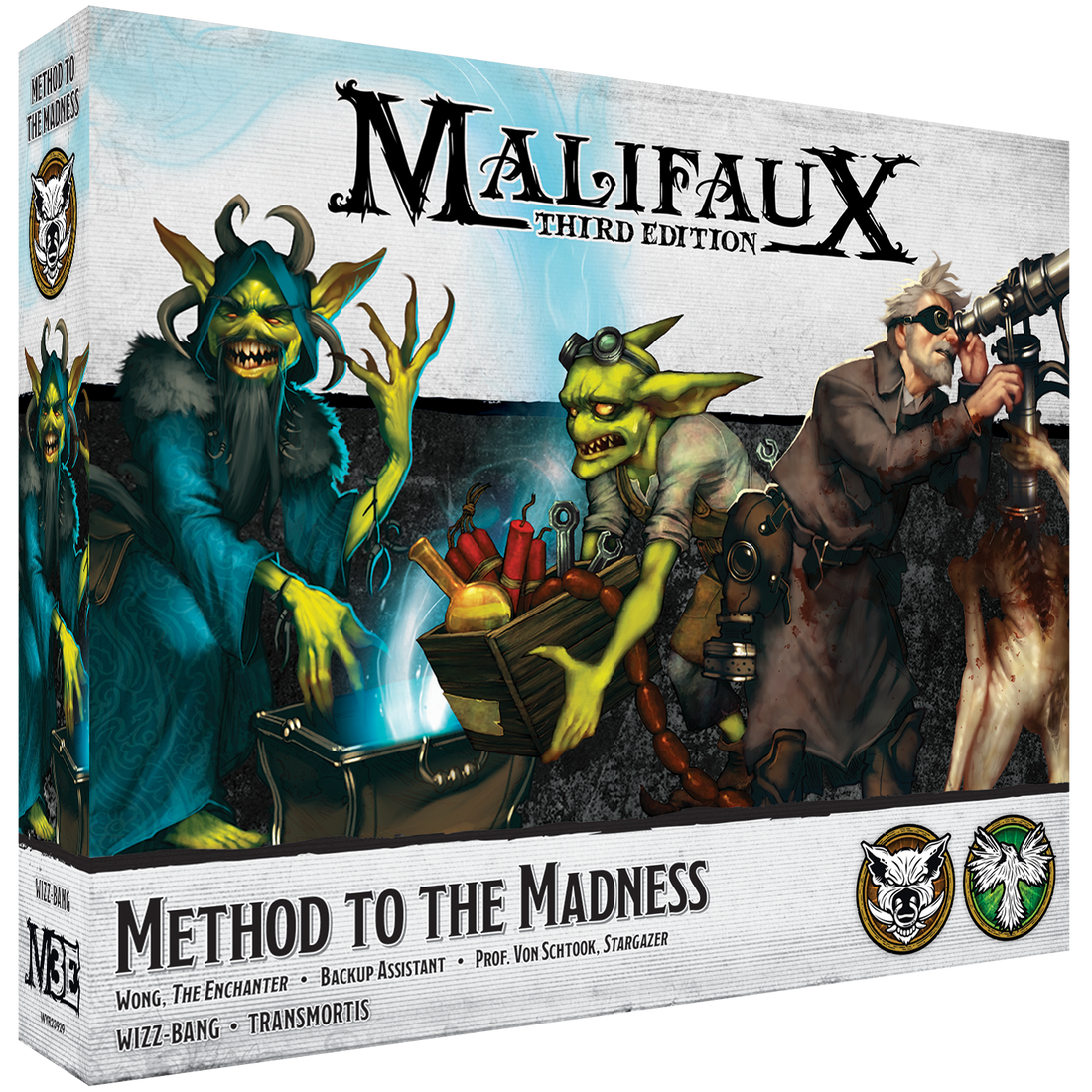 
                    
                      Front view of Wyrd Miniatures' Method to the Madness tabletop game box featuring vibrant artwork and game components.
                    
                  