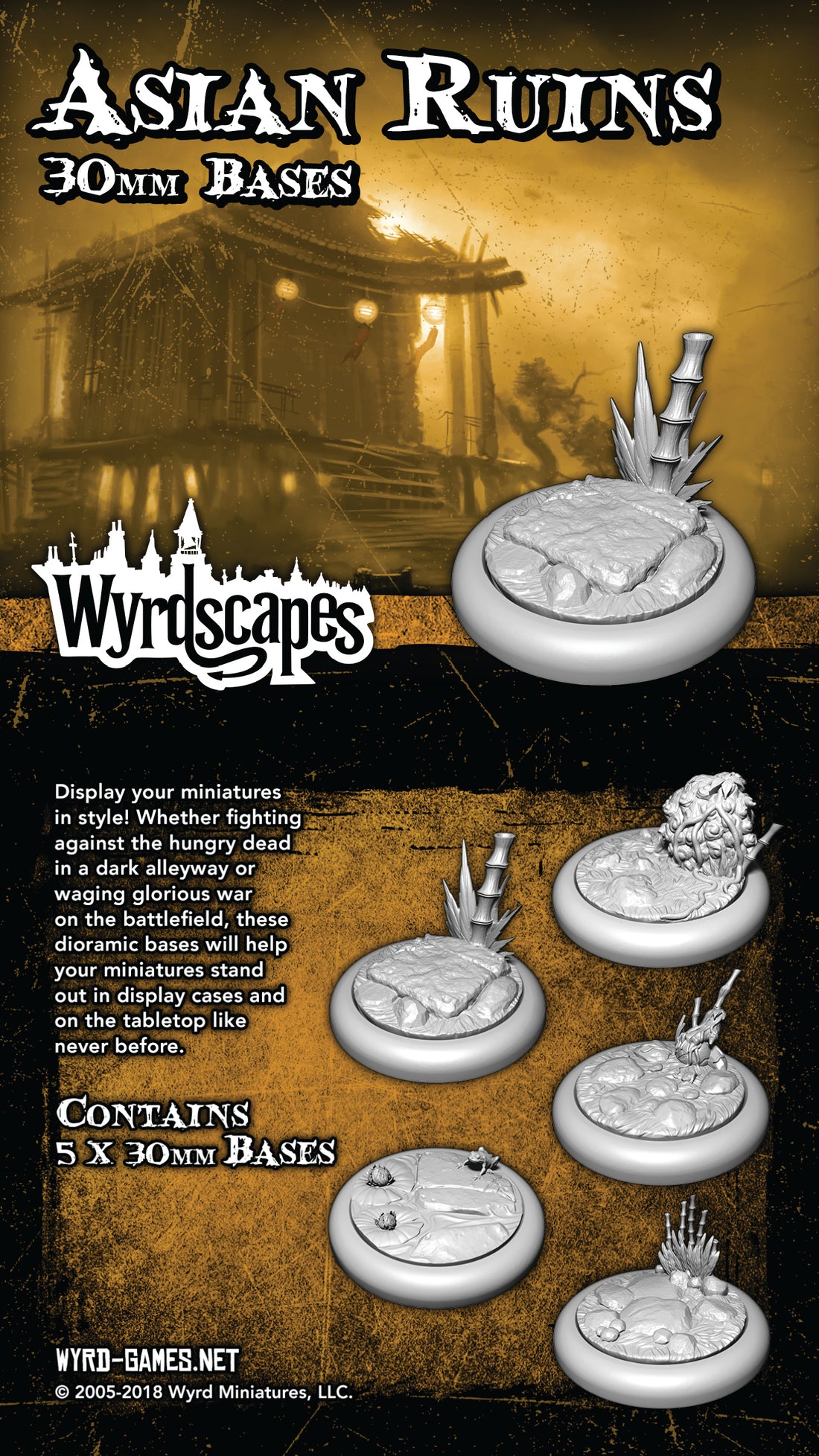 
                    
                      30mm Asian Ruins base for miniatures from Wyrd Miniatures' Wyrdscapes line, detailed rocky terrain with Asian-inspired design.
                    
                  
