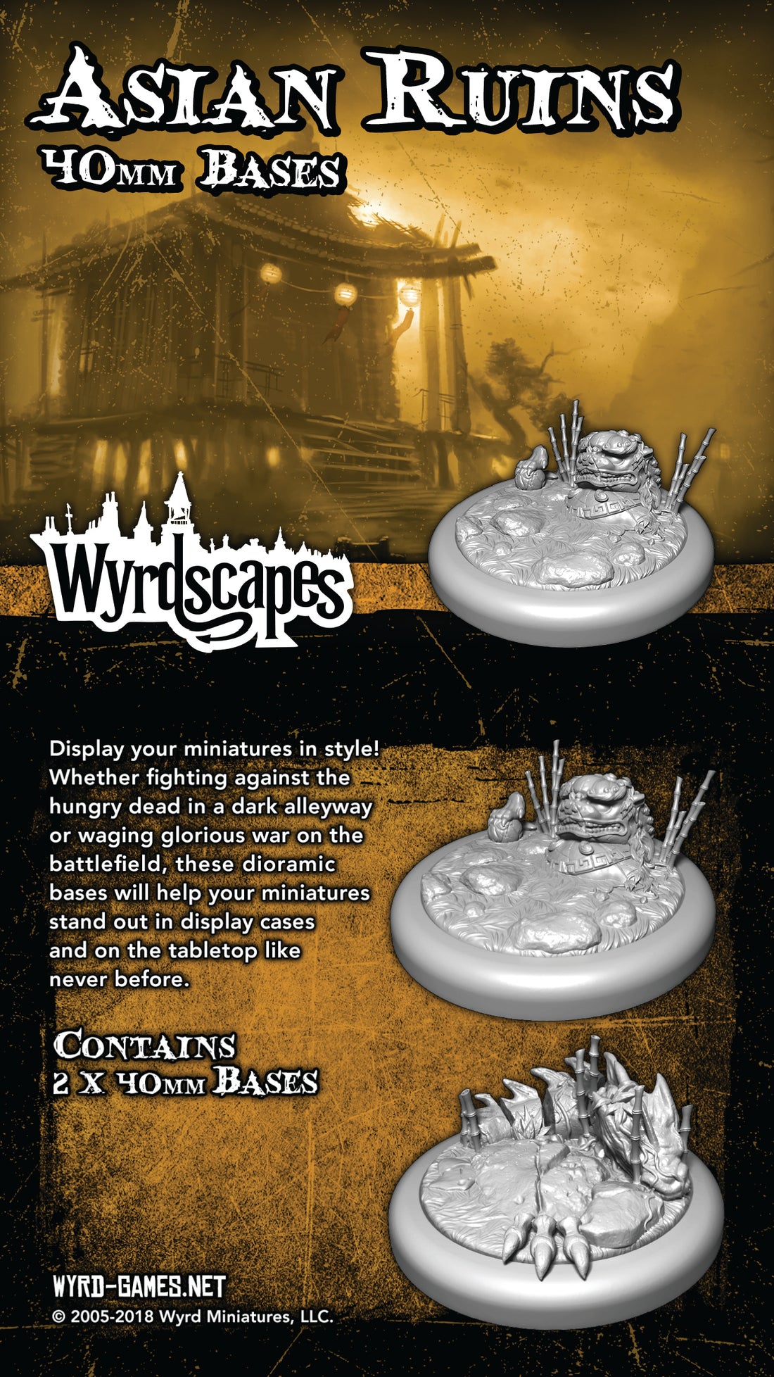 
                    
                      40mm Asian Ruins base for miniatures from Wyrd Miniatures' Wyrdscapes Asian Base collection, detailed ancient Asian temple design.
                    
                  