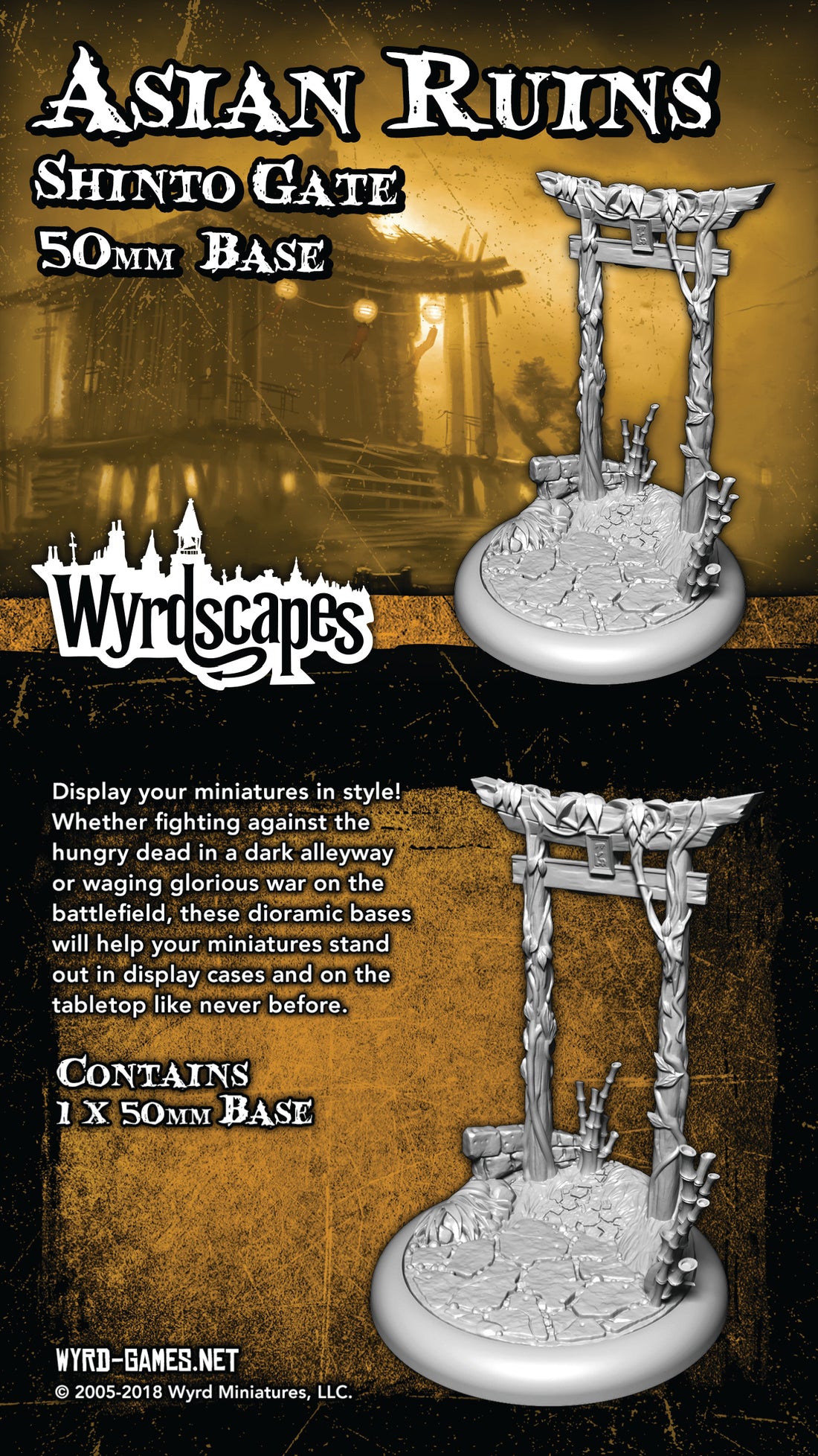 
                    
                      Asian Ruins 50mm Gate miniature base by Wyrd Miniatures, featuring detailed Asian-inspired ruins and gate for tabletop gaming.
                    
                  