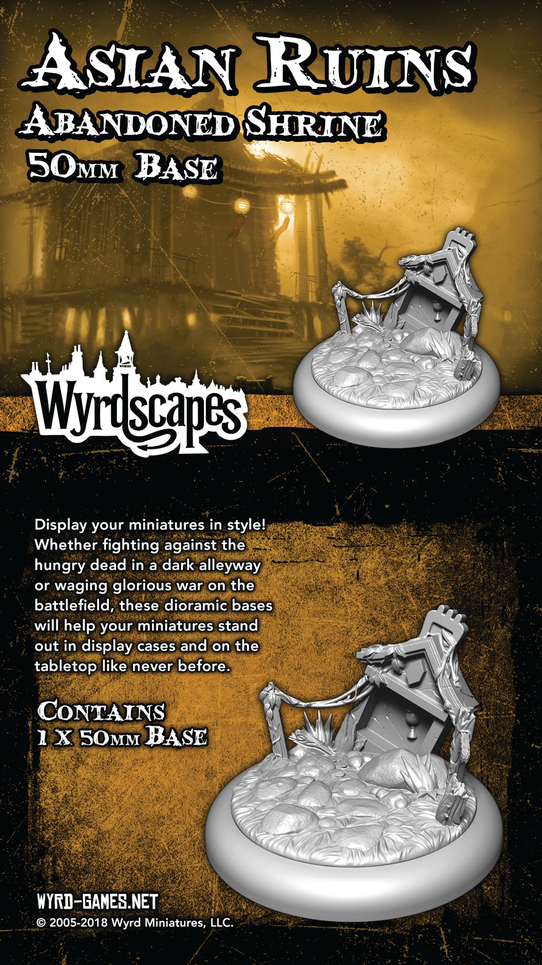 
                    
                      Asian Ruins 50mm Shrine miniature base for Malifaux figures, featuring detailed Asian-inspired ruins on a 50mm base.
                    
                  