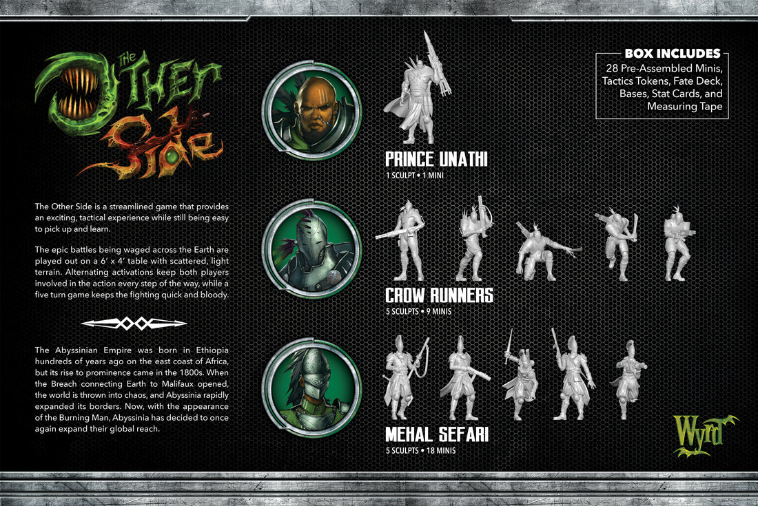 
                    
                      Abyssinia Allegiance Box for The Other Side by Wyrd Miniatures, showing miniatures and game accessories inside the box.
                    
                  