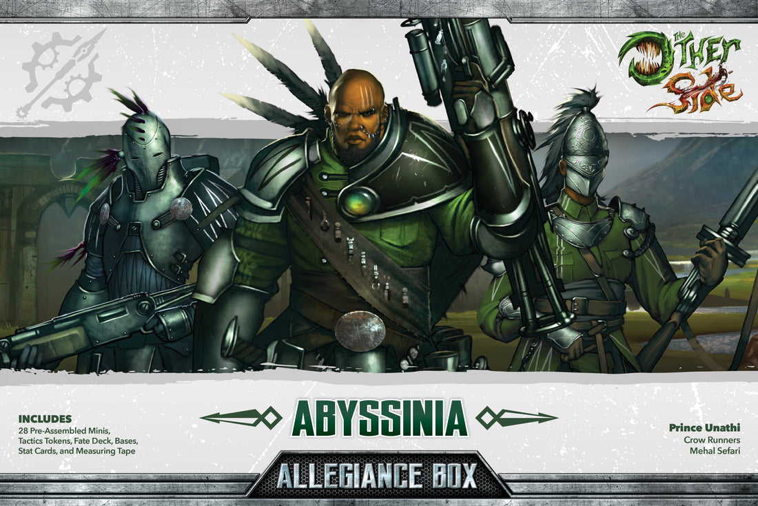 
                    
                      Front view of the Abyssinia Allegiance Box for The Other Side by Wyrd Miniatures, featuring detailed miniatures and packaging.
                    
                  