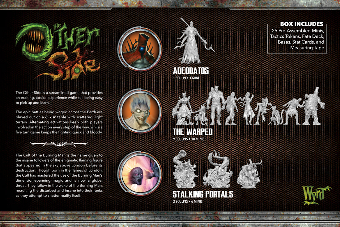 
                    
                      Cult of the Burning Man Allegiance Box for The Other Side by Wyrd Miniatures, showing detailed miniatures inside the box.
                    
                  