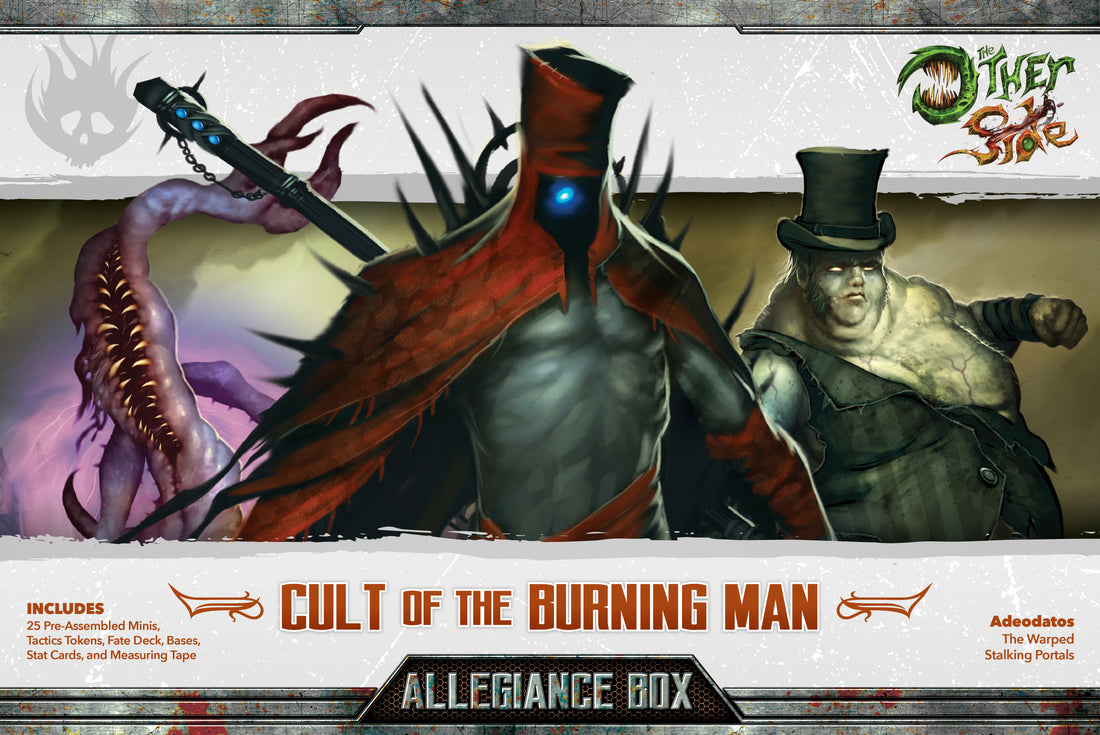 
                    
                      Front view of Wyrd Miniatures Cult of the Burning Man Allegiance Box for The Other Side, featuring artwork and miniatures inside.
                    
                  