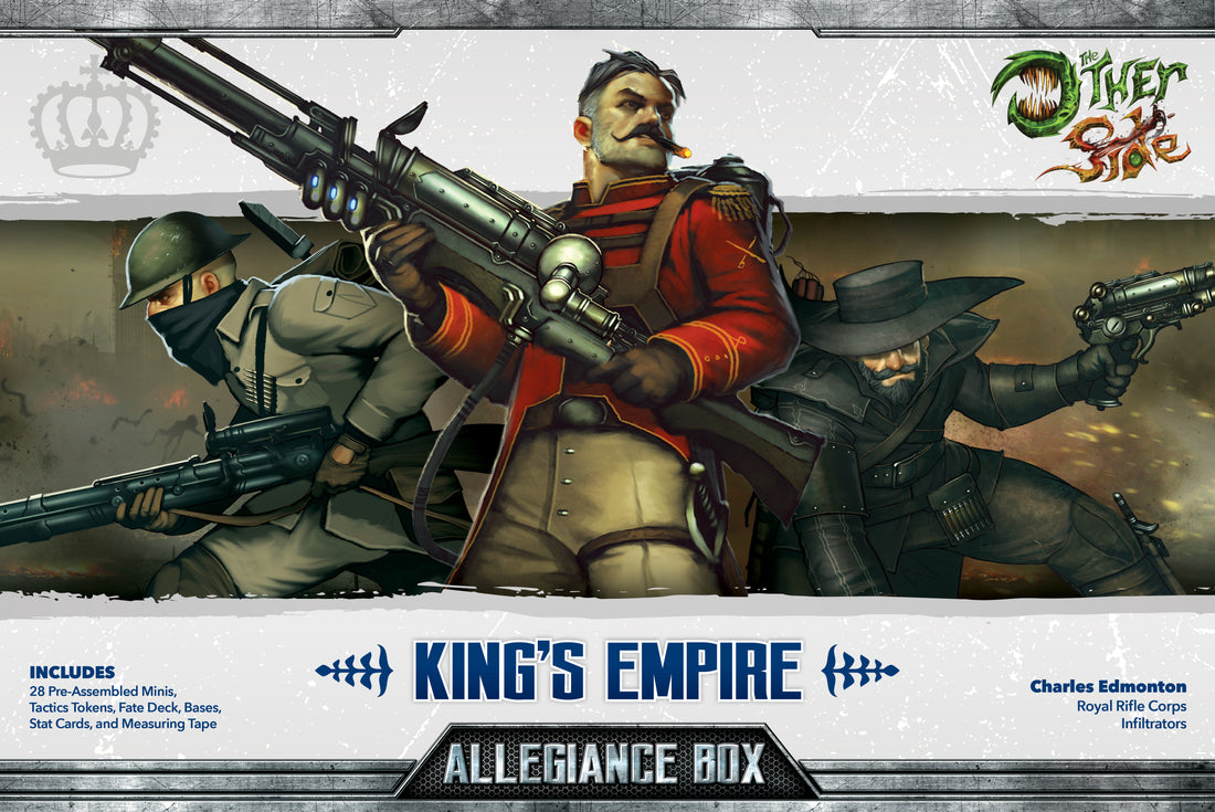 
                    
                      Front view of Wyrd Miniatures King’s Empire Allegiance Box for The Other Side, showing game components and artwork.
                    
                  