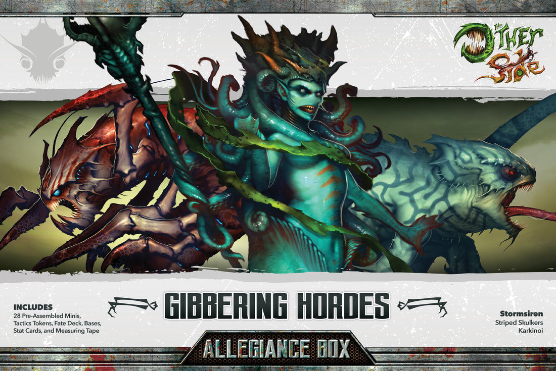 
                    
                      Front view of the Gibbering Hordes Allegiance Box for The Other Side by Wyrd Miniatures, featuring miniatures and game components.
                    
                  