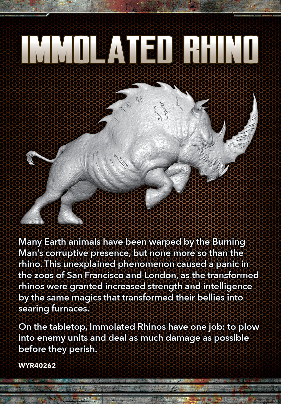 
                    
                      Back view of the Immolated Rhino character box from Wyrd Miniatures' The Other Side series, featuring detailed miniature artwork.
                    
                  