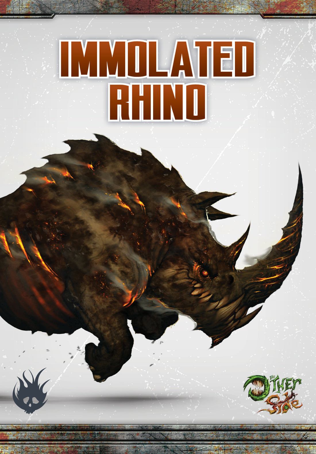 
                    
                      Front view of the Wyrd Miniatures Immolated Rhino, the Other Side character box featuring a detailed, painted model of the Immolated Rhino.
                    
                  