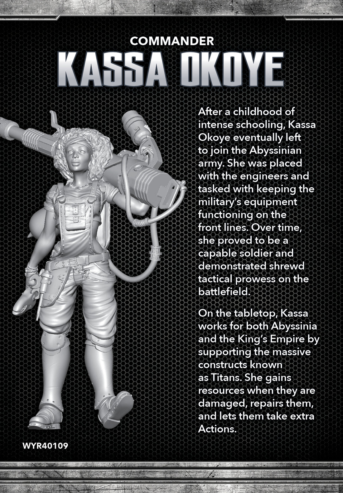 
                    
                      Back view of Wyrd Miniatures Kassa Okoye The Other Side Character Box featuring detailed character artwork and packaging.
                    
                  