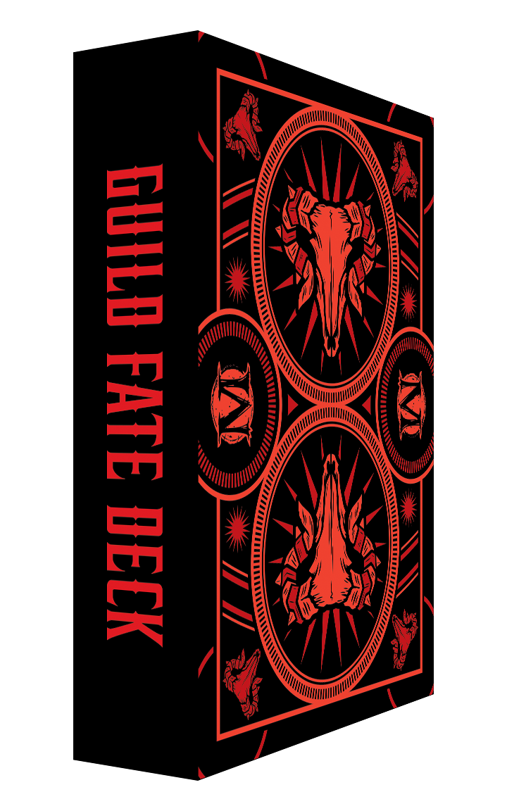 
                    
                      Malifaux M3E Fate Deck with Guild theme, featuring card designs for Wyrd Miniatures' Guild faction in a colorful deck.
                    
                  
