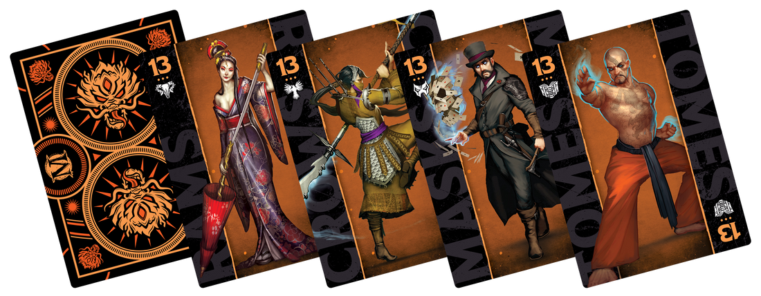 
                    
                      Malifaux M3E Fate Deck featuring Ten Thunders theme, containing colorful playing cards with faction symbols and artwork.
                    
                  