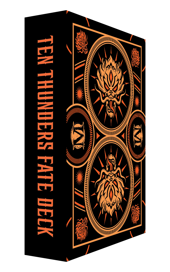 
                    
                      Malifaux M3E Fate Deck featuring Ten Thunders theme with card backs displaying faction symbols and intricate artwork.
                    
                  