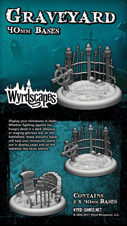 
                    
                      Wyrdscape Graveyard 40mm miniature base featuring detailed tombstones and graveyard scenery for Malifaux models.
                    
                  
