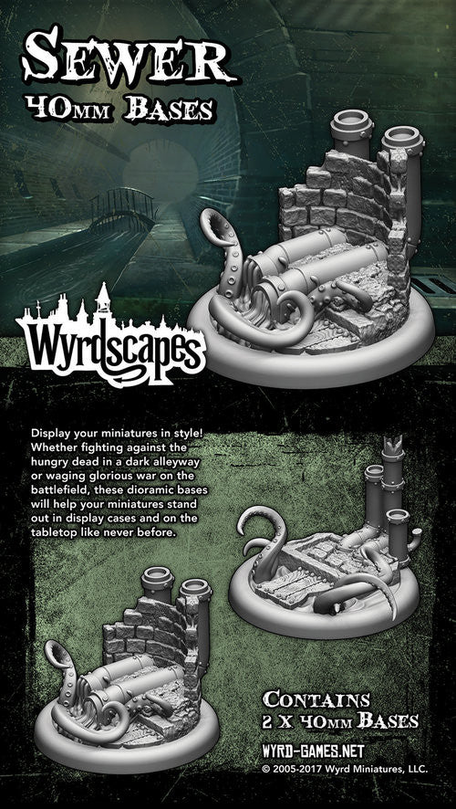 
                    
                      Wyrdscape Sewer 40mm base for Malifaux miniatures, featuring detailed sewer grate design on a 40mm round base
                    
                  