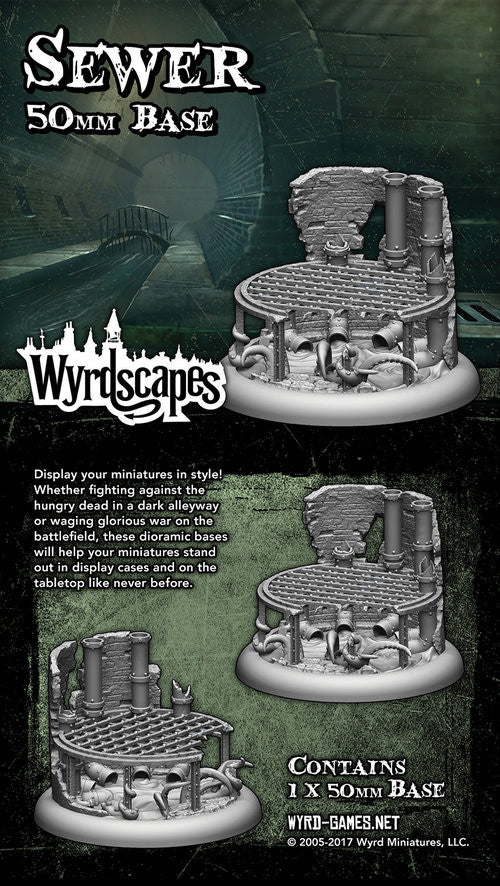 
                    
                      Wyrdscape Sewer 50mm miniature base from Wyrd Miniatures, featuring a detailed sewer scene for Malifaux miniatures.
                    
                  