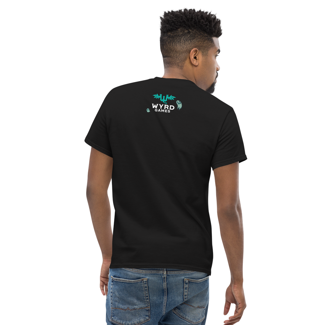 
                    
                      Black Vagrantsong Revivalist men's classic T-shirt with back graphic, by Wyrd Miniatures.
                    
                  