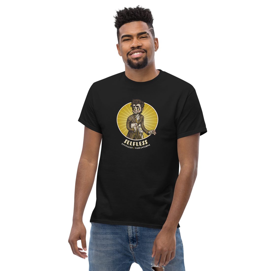 
                    
                      Black men's Vagrantsong Revivalist T-shirt featuring a classic fit with a front graphic design, by Wyrd Miniatures.
                    
                  