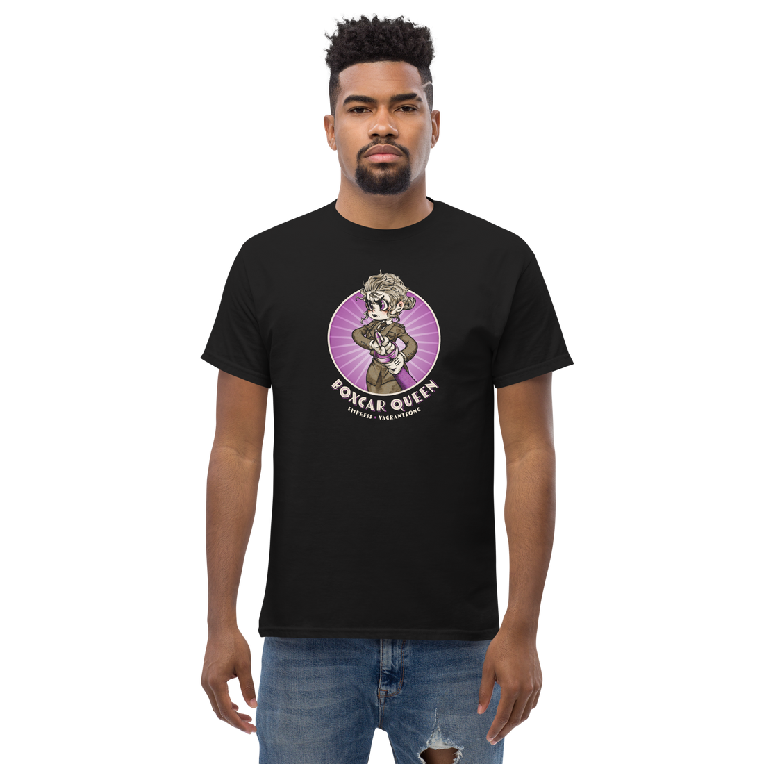 
                    
                      Black Vagrantsong Empress men's classic T-shirt from Wyrd, front view showing crew neck and short sleeves.
                    
                  