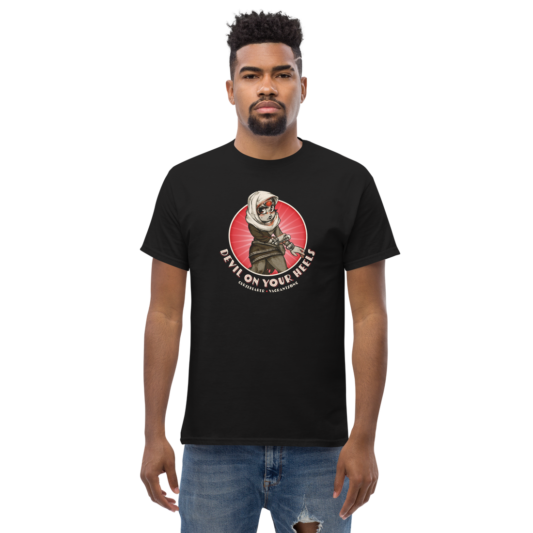 
                    
                      Black Vagrantsong Cursebearer men's classic T-shirt by Wyrd with front graphic design, casual fit and comfortable fabric.
                    
                  